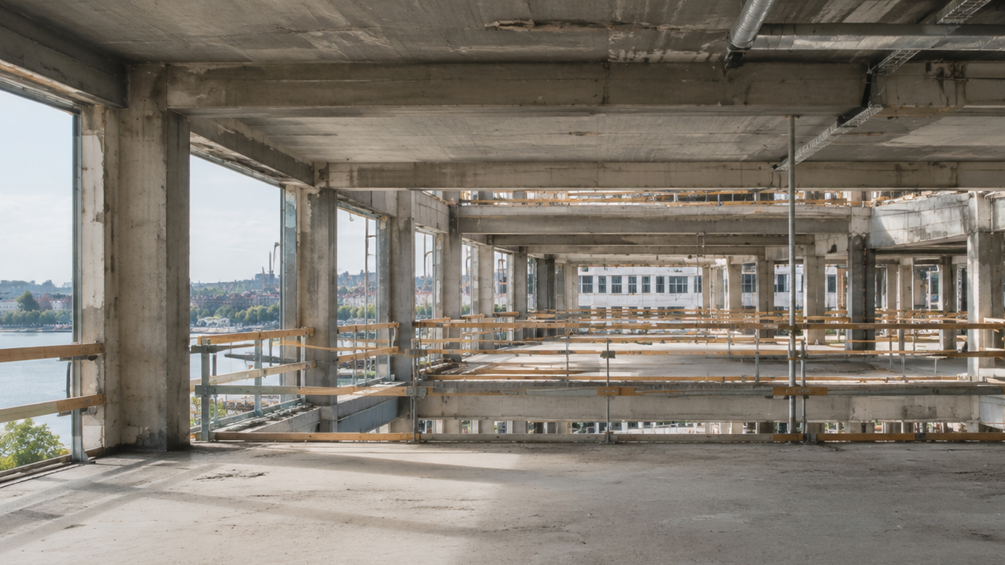 A stripped concrete frame open to the sky, its weathered floor slabs edged with scaffold guardrails.